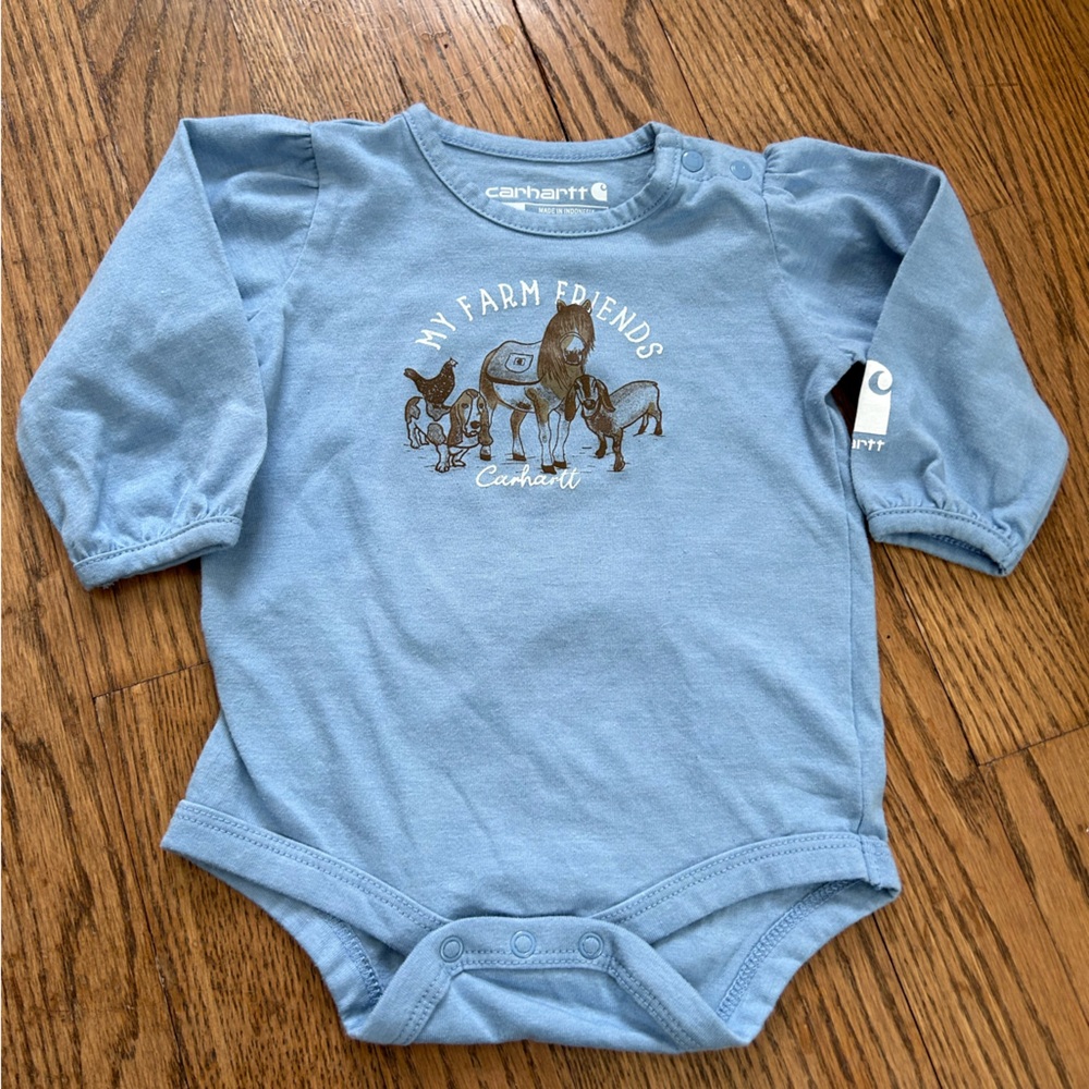 Carhartt my farm friend blue baby onesie top shirt chicken goat horse dog